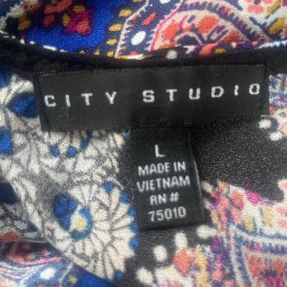 City Studio Dress Large Blue Black Bohemian Shift Long Sleeves - Picture 5 of 7